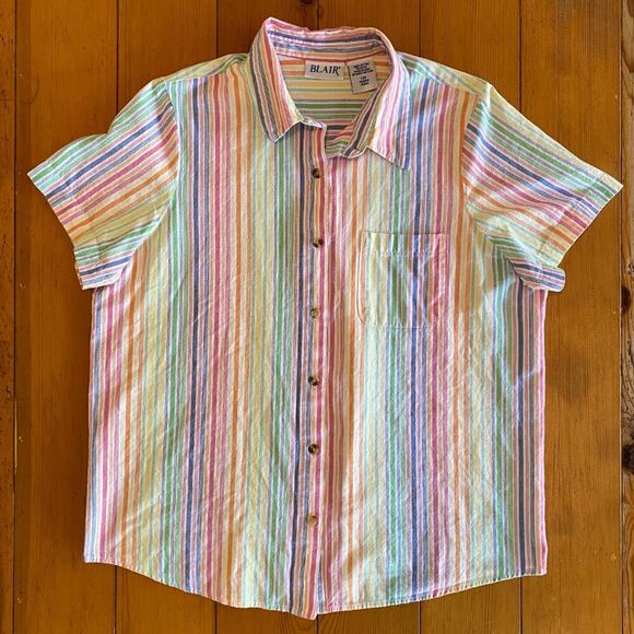 Blair Women's Retro Rainbow Stripe Cotton Button Down Short‎ Sleeve Collared Top - Picture 4 of 5